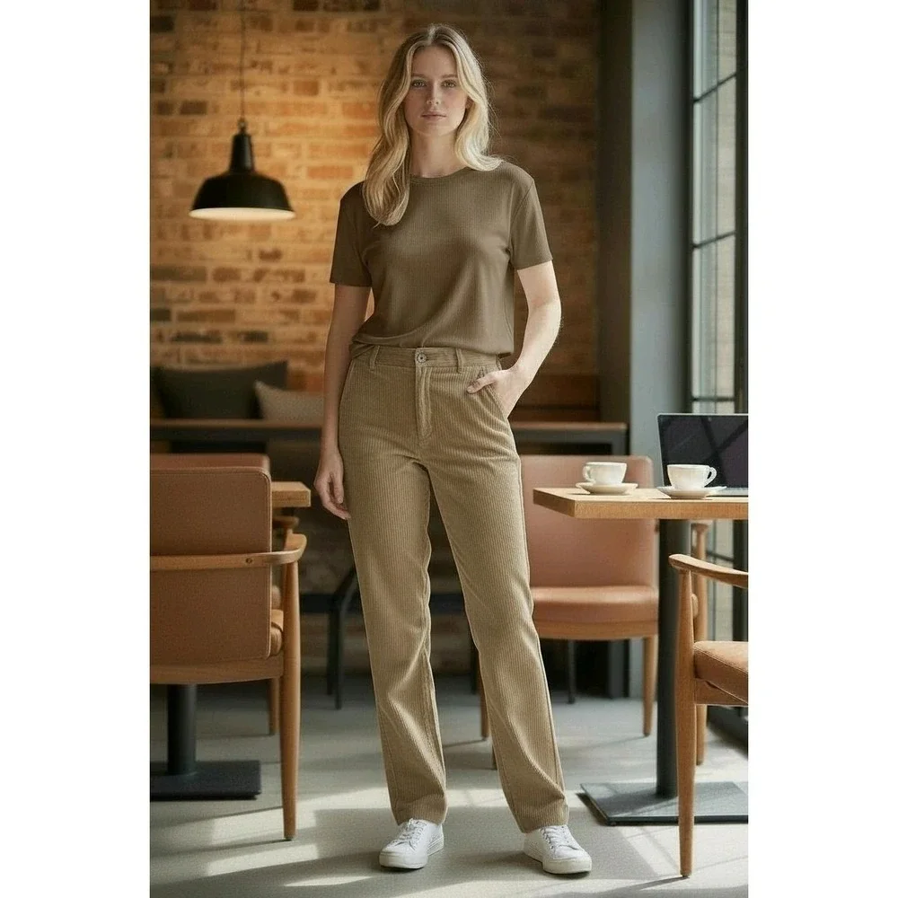 COS 12 New Womens Organic Cotton Corduroy Chino Pants Beige Straight High Rise - Picture 1 of 9